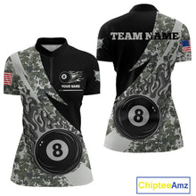 Load image into Gallery viewer, Personalized flame 8 ball pool military grey camo billiard quarter zip shirt for women, custom military camo pool team jersey and tournament apparel.