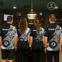 Load image into Gallery viewer, Billiard team wearing matching military grey camo flame 8 ball pool jerseys back view.