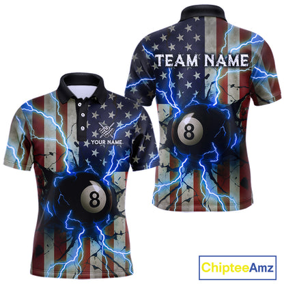 Blue 8 Ball Lightning American Flag Billiard Shirt For Men Custom Patriotic Pool Team Jersey TDM5404