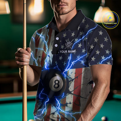 Blue 8 Ball Lightning American Flag Billiard Shirt For Men Custom Patriotic Pool Team Jersey TDM5404