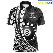 Load image into Gallery viewer, Custom black and white 8 ball pool tribal billiard team jersey polo shirt for men featuring detailed tribal artwork, premium custom pool league apparel for tournaments, league matches and competitive billiard teams.
