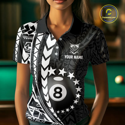 Woman wearing custom black and white 8 ball pool tribal billiard team jersey polo shirt featuring tribal artwork, front view.
