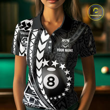 Load image into Gallery viewer, Woman wearing custom black and white 8 ball pool tribal billiard team jersey polo shirt featuring tribal artwork, front view.