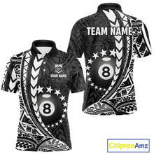 Load image into Gallery viewer, Custom black and white 8 ball pool tribal billiard team jersey polo shirt for men featuring detailed tribal artwork, premium custom pool league apparel for tournaments, league matches and competitive billiard teams.