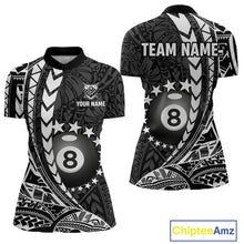 Load image into Gallery viewer, Custom black and white 8 ball pool tribal billiard team jersey quarter zip shirt for women featuring striking tribal graphics, premium billiard league apparel for tournament play.