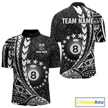 Load image into Gallery viewer, Custom black and white 8 ball pool tribal billiard team jersey quarter zip shirt for men featuring striking tribal graphics, premium billiard league apparel for tournament play.