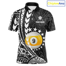 Load image into Gallery viewer, Custom black and white 9 ball pool tribal billiard team jersey polo shirt for men featuring detailed tribal artwork, premium custom pool league apparel for tournaments, league matches and competitive billiard teams.