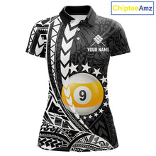 Load image into Gallery viewer, Custom black and white 9 ball pool tribal billiard team jersey polo shirt for women featuring detailed tribal artwork, premium custom pool league apparel for tournaments, league matches and competitive billiard teams.
