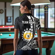 Load image into Gallery viewer, Woman wearing custom black and white 9 ball pool tribal billiard team jersey polo shirt featuring tribal artwork, back view.