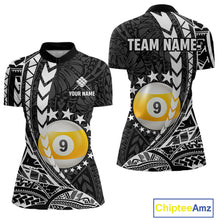 Load image into Gallery viewer, Custom black and white 9 ball pool tribal billiard team jersey quarter zip shirt for women featuring striking tribal graphics, premium billiard league apparel for tournament play.