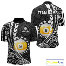 Load image into Gallery viewer, Custom black and white 9 ball pool tribal billiard team jersey quarter zip shirt for men featuring striking tribal graphics, premium billiard league apparel for tournament play.