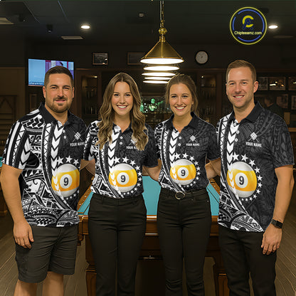 Billiard team wearing matching custom black and white 9 ball pool tribal team jerseys featuring detailed tribal graphics, front view.