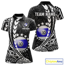 Load image into Gallery viewer, Custom black and white 10 ball pool tribal billiard team jersey polo shirt for women featuring detailed tribal artwork, premium custom pool league apparel for tournaments, league matches and competitive billiard teams.