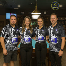 Load image into Gallery viewer, Billiard team wearing matching custom black and white 10 ball pool tribal team jerseys featuring detailed tribal graphics, front view.
