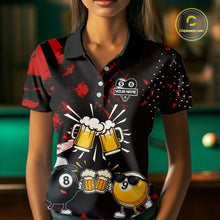 Load image into Gallery viewer, Woman wearing black red funny beer 8 ball and 9 ball pool billiard team jersey polo shirt featuring the beer-themed artwork, front view.