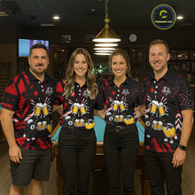 Load image into Gallery viewer, Billiard team wearing matching black red funny beer 8 ball and 9 ball pool team jerseys featuring the humorous beer design, front view.
