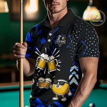 Load image into Gallery viewer, Man wearing black blue funny beer 8 ball and 9 ball pool billiard team jersey polo shirt featuring the beer-themed artwork, front view.
