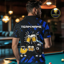 Load image into Gallery viewer, Man wearing black blue funny beer 8 ball and 9 ball pool billiard team jersey polo shirt featuring the beer-themed artwork, back view.