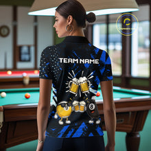 Load image into Gallery viewer, Woman wearing black blue funny beer 8 ball and 9 ball pool billiard team jersey polo shirt featuring the beer-themed artwork, back view.