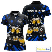 Load image into Gallery viewer, Black blue funny beer 8 ball and 9 ball pool billiard team jersey polo shirt for women featuring a humorous beer-themed design, custom pool league apparel with premium performance fabric for tournaments and league competition.