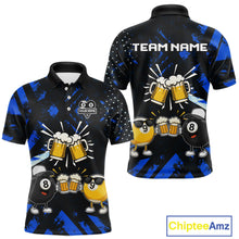 Load image into Gallery viewer, Black blue funny beer 8 ball and 9 ball pool billiard team jersey polo shirt for men featuring a humorous beer-themed design, custom pool league apparel with premium performance fabric for tournaments and league competition.