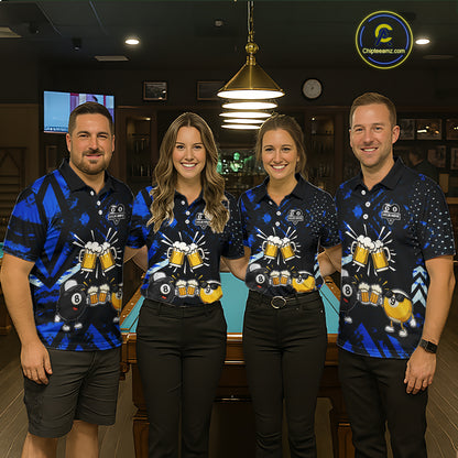 Billiard team wearing matching black blue funny beer 8 ball and 9 ball pool team jerseys featuring the humorous beer design, front view.