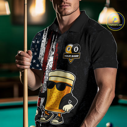 Funny Beer 8 Ball & 9 Ball American Flag Billiard Shirt For Men Custom Patriotic Pool Team Jersey TDM5427