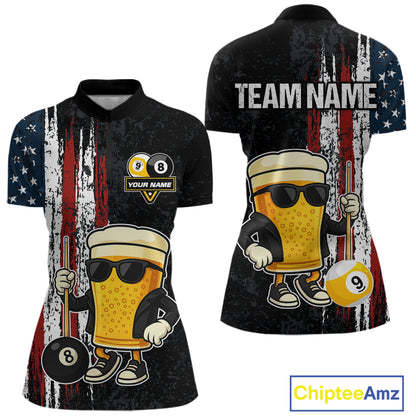 Funny Beer 8 Ball & 9 Ball American Flag Billiard Shirt For Women Custom Patriotic Pool Team Jersey TDM5427