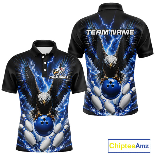 Blue thunder lightning eagle bowling polo shirt for men with custom bowling team graphics.