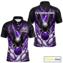 Load image into Gallery viewer, Purple thunder lightning eagle bowling polo shirt for men with custom bowling league graphics.
