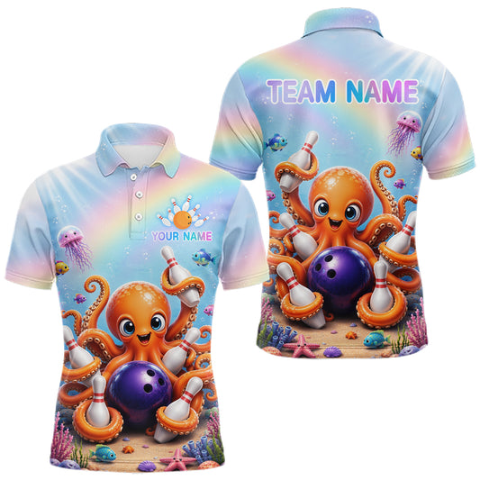 Rainbow octopus ocean bowling polo shirt for men with colorful custom bowling team graphics.