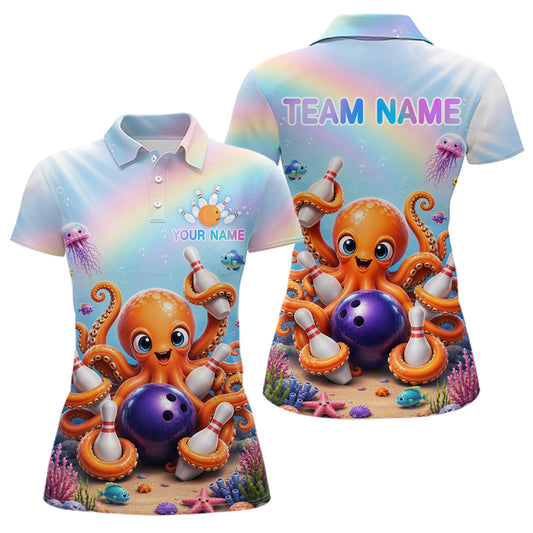 Rainbow octopus ocean bowling polo shirt for women with colorful custom bowling team graphics.