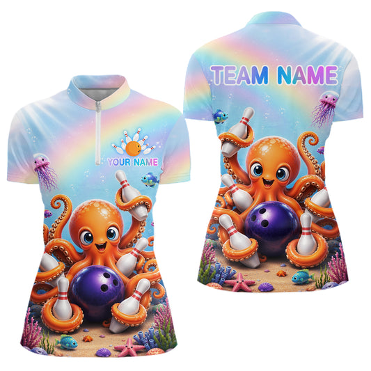 Rainbow octopus ocean bowling quarter zip shirt for women designed for league tournaments and team events.