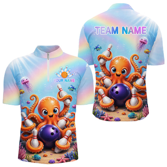 Rainbow octopus ocean bowling quarter zip shirt for men designed for league tournaments and team events.