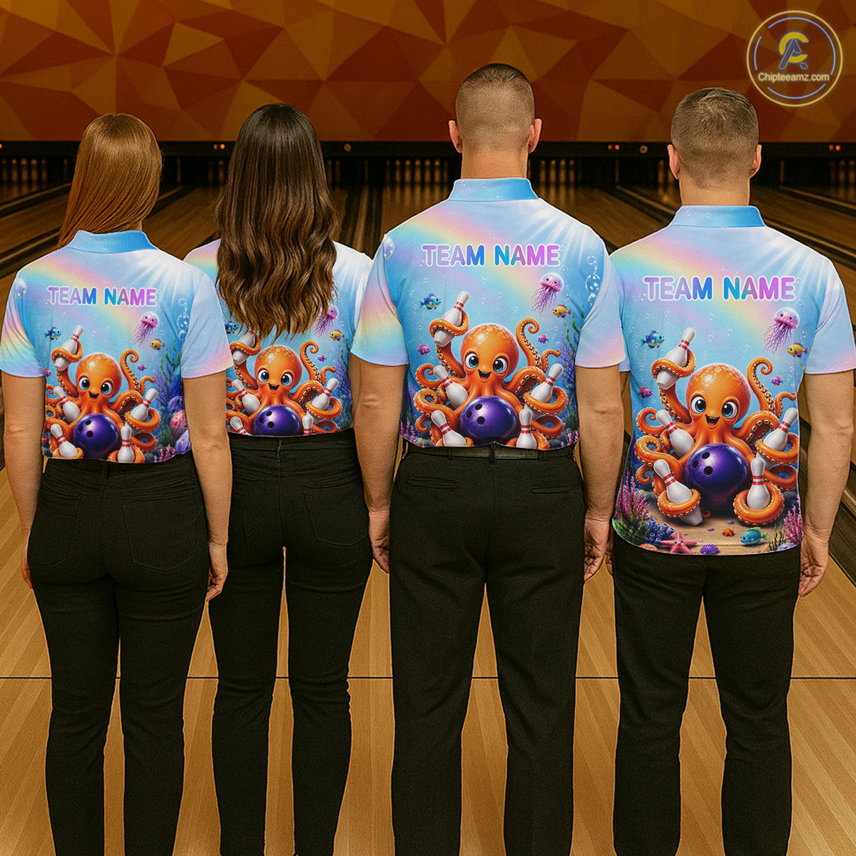 Back view of bowling team wearing matching rainbow octopus bowling shirts in a bowling alley.