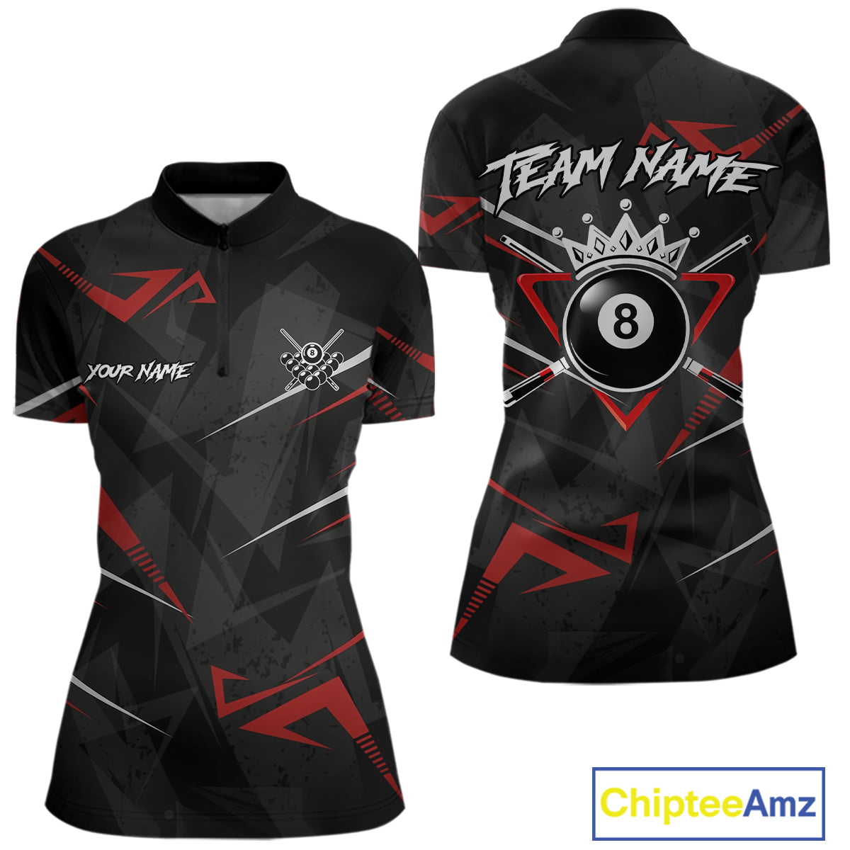 Black And Red 8 Ball Crown Billiard Shirt For Women Custom Pool Team Jersey Polo & 1/4 Zip TDM5921