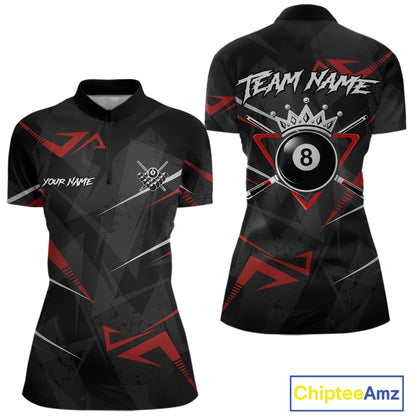 Black And Red 8 Ball Crown Billiard Shirt For Women Custom Pool Team Jersey Polo & 1/4 Zip TDM5921