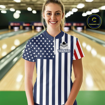 Custom Bowling Balls American Flag Bowling Shirt For Women, Patriotic Bowling Jersey Polo & 1/4 Zip TDM6517