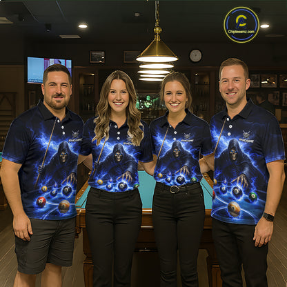 Blue Flaming Grim Reaper Billiard Shirt For Men Custom Pool Team Jersey Polo & Quarter Zip Shirt TDM5738