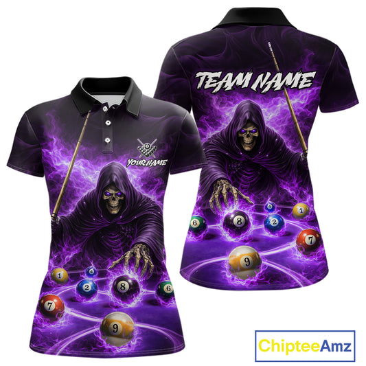 Purple Flaming Grim Reaper Billiard Shirt For Women Custom Pool Team Jersey Polo & Quarter Zip Shirt TDM5739