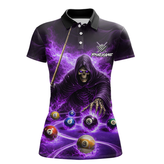Purple Flaming Grim Reaper Billiard Shirt For Women Custom Pool Team Jersey Polo & Quarter Zip Shirt TDM5739