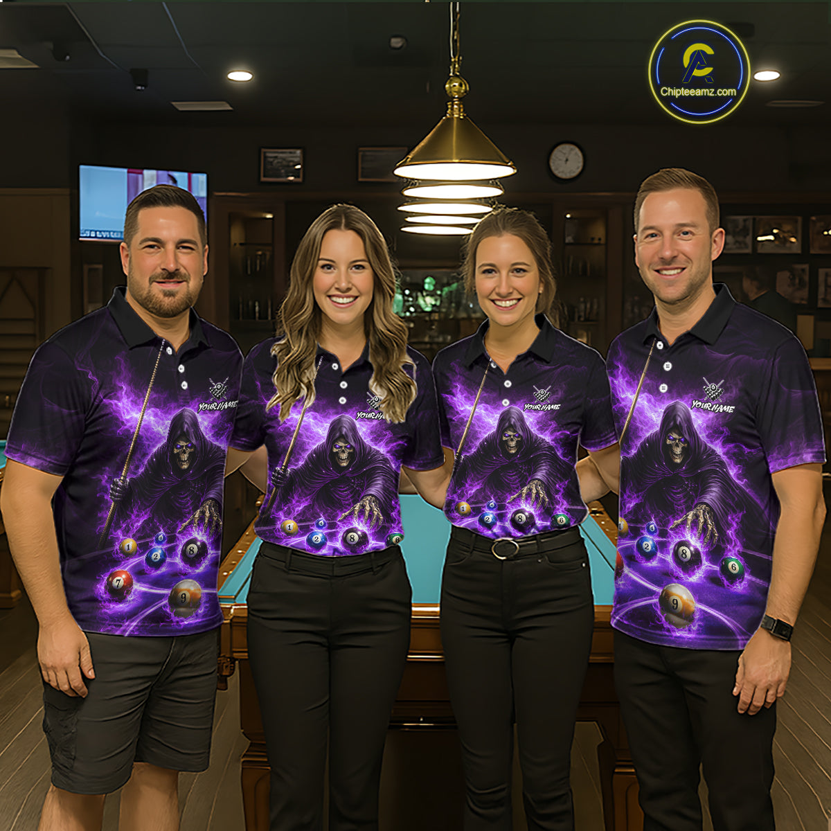 Purple Flaming Grim Reaper Billiard Shirt For Men Custom Pool Team Jersey Polo & Quarter Zip Shirt TDM5739