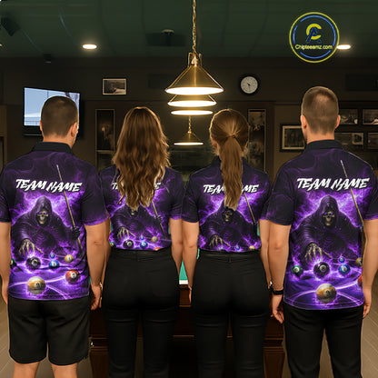 Purple Flaming Grim Reaper Billiard Shirt For Men Custom Pool Team Jersey Polo & Quarter Zip Shirt TDM5739