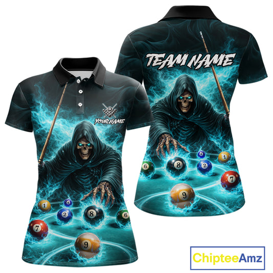 Turquoise Flaming Grim Reaper Billiard Shirt For Women Custom Pool Team Jersey Polo & Quarter Zip TDM5740