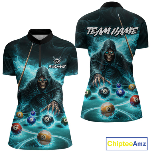 Turquoise Flaming Grim Reaper Billiard Shirt For Women Custom Pool Team Jersey Polo & Quarter Zip TDM5740