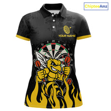 Load image into Gallery viewer, Black and yellow funny bee darts team jersey polo shirt for women featuring a funny bee design, premium custom darts league apparel and personalized darts gifts.