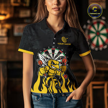 Load image into Gallery viewer, Woman wearing black and yellow funny bee darts team jersey polo shirt featuring funny bee artwork, front view.