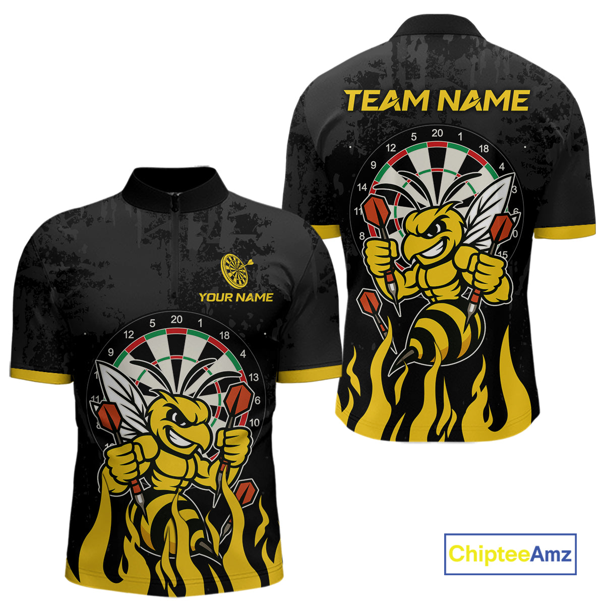 Black and yellow funny bee darts team jersey quarter zip shirt for men featuring vibrant bee artwork, premium custom darts apparel.