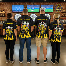 Load image into Gallery viewer, Darts team wearing matching black and yellow funny bee darts team jerseys, front view.