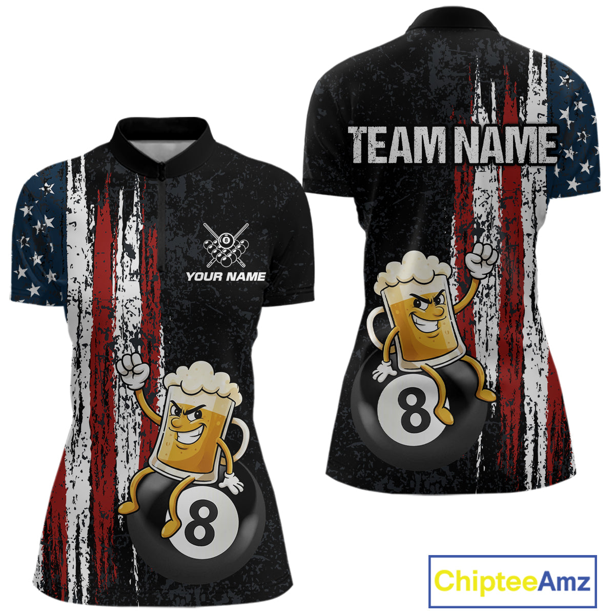 Funny Beer American Flag 8 Ball Billiard Shirt For Women Custom Pool Team Jersey Polo & 1/4 Zip TDM5947
